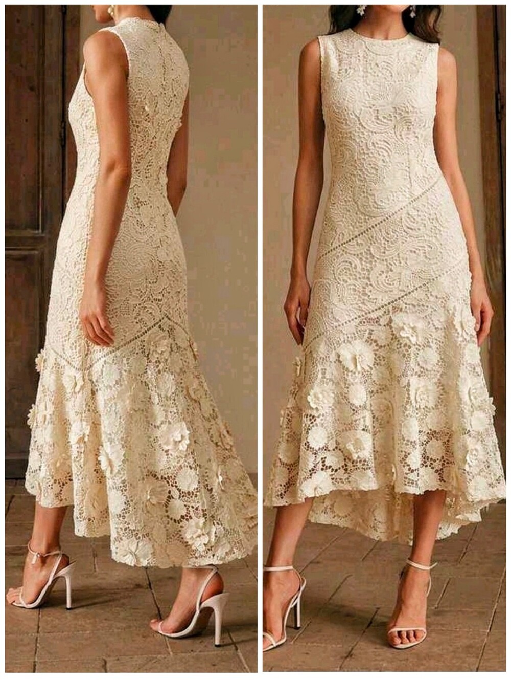 New Luxe Embroidered Floral Lace Asymmetrical Dress Sleeveless Ivory Cream
